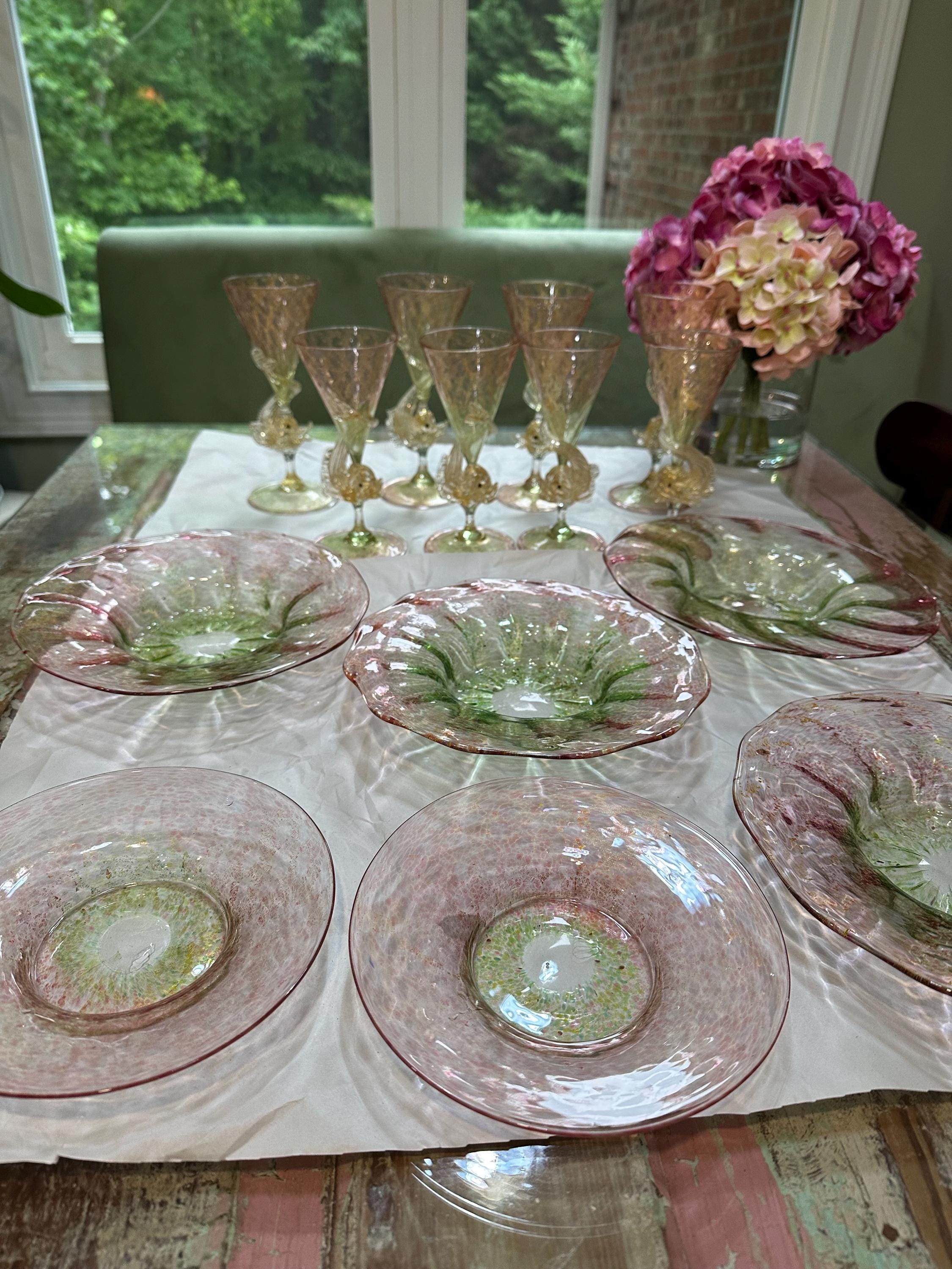 Venetian Salviati 14 Pieces Plates Dolphin Fish Watermelon Goblets