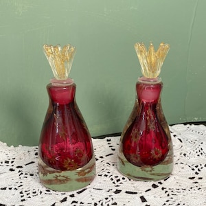 Antique stunning Decanters perfume BOTTLES Italian Murano art glass gold fleck Cranberry Ruby