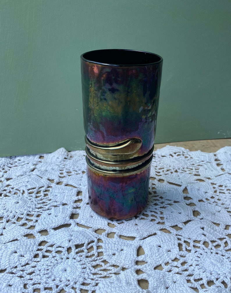 Antique VASE blue tall cobalt gold Iridescent art glass threaded tumbler
