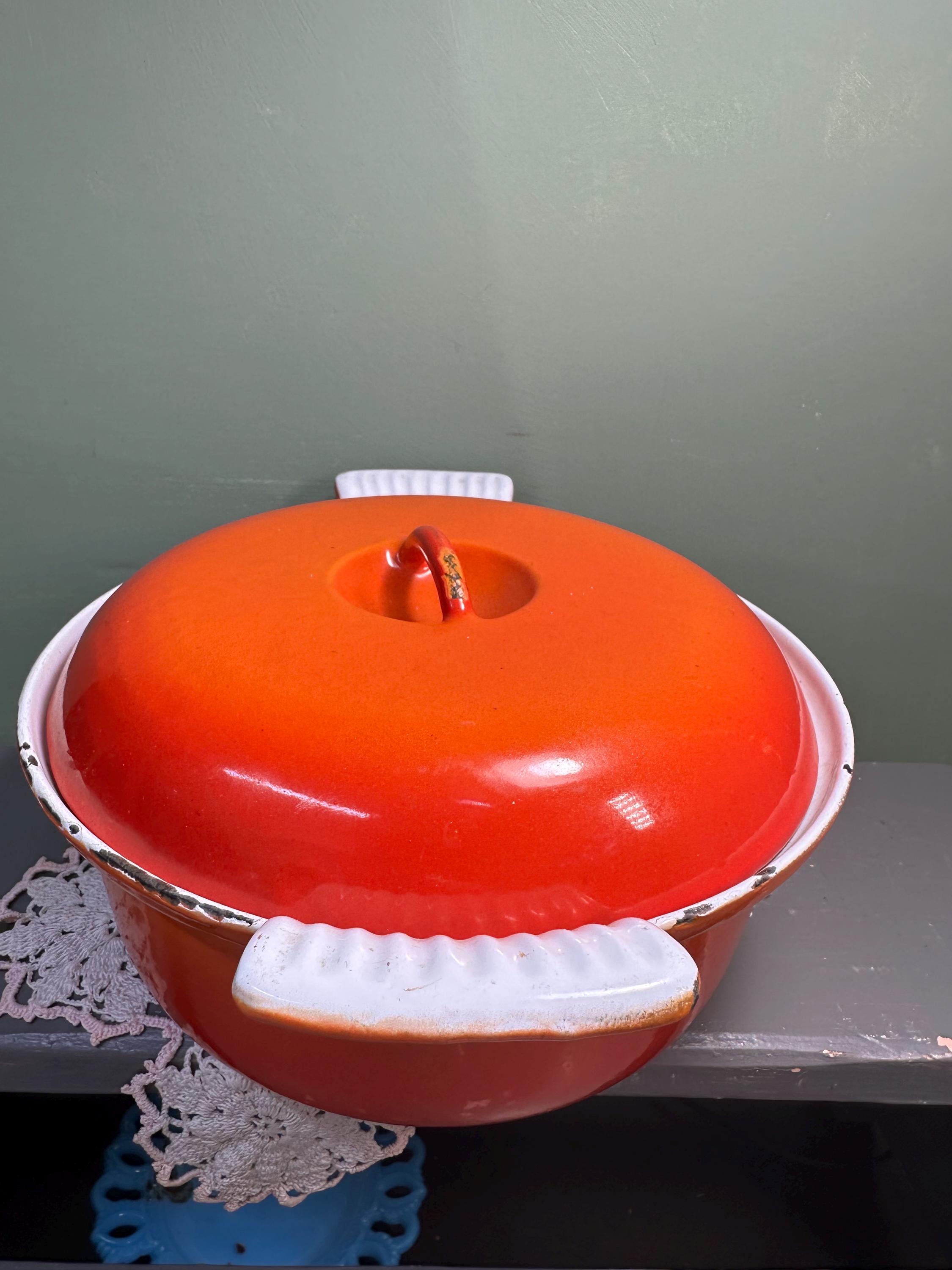 Vintage 2 Quart Descoware Belgium Orange Red Dutch Oven Skillet