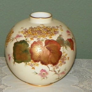 Antique Royal Crown Derby VASE round Hand Painted Satsuma 506 delicate autumn leaves gold