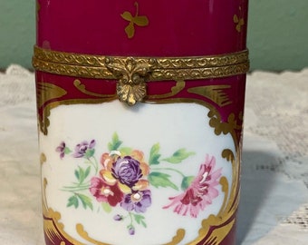 Antique Limoges France  Pill  porcelain Trinket BOX Lipstick Jar Powder Art Nouveau ormolu