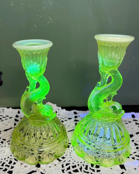 Antique Northwood Vaseline DOLPHIN CANDLESTICKS Opaline Glass Fish