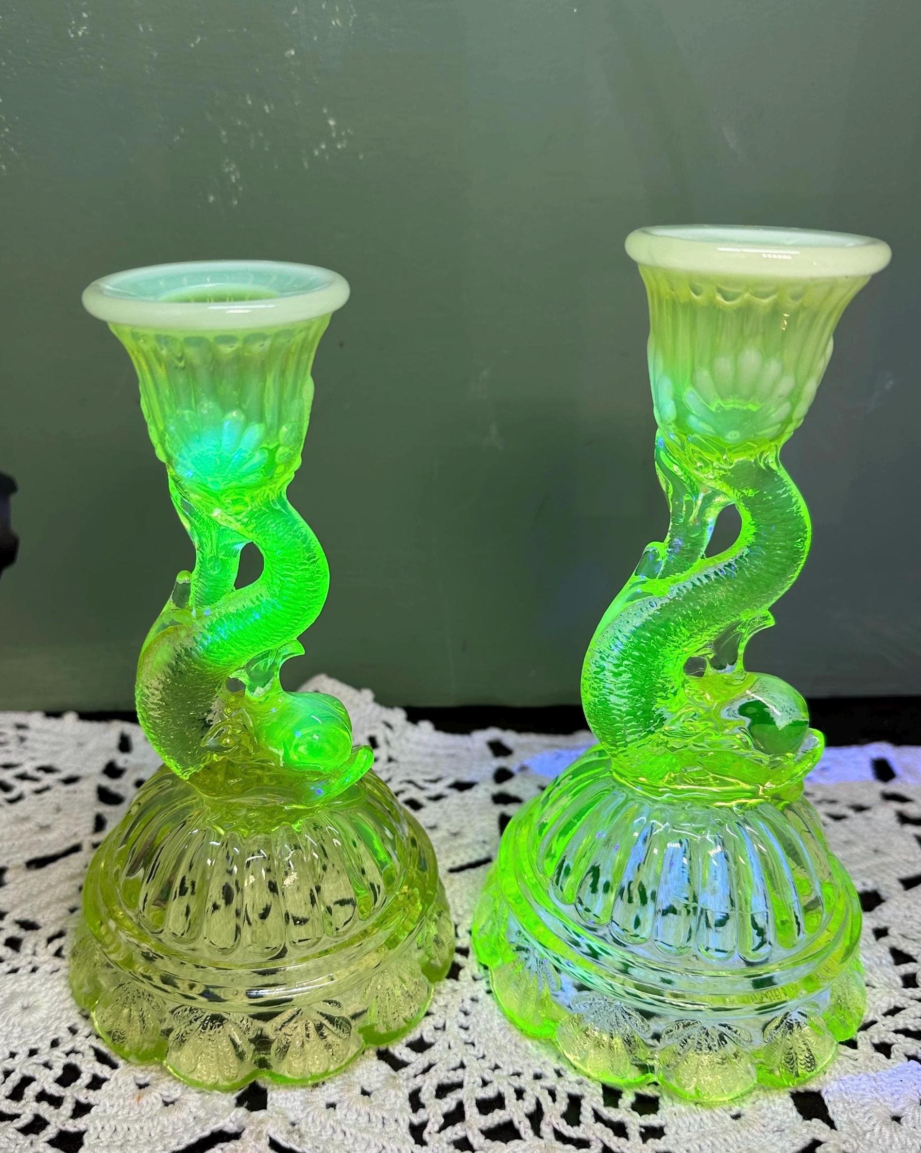Antique Northwood Vaseline DOLPHIN CANDLESTICKS Opaline Glass Fish