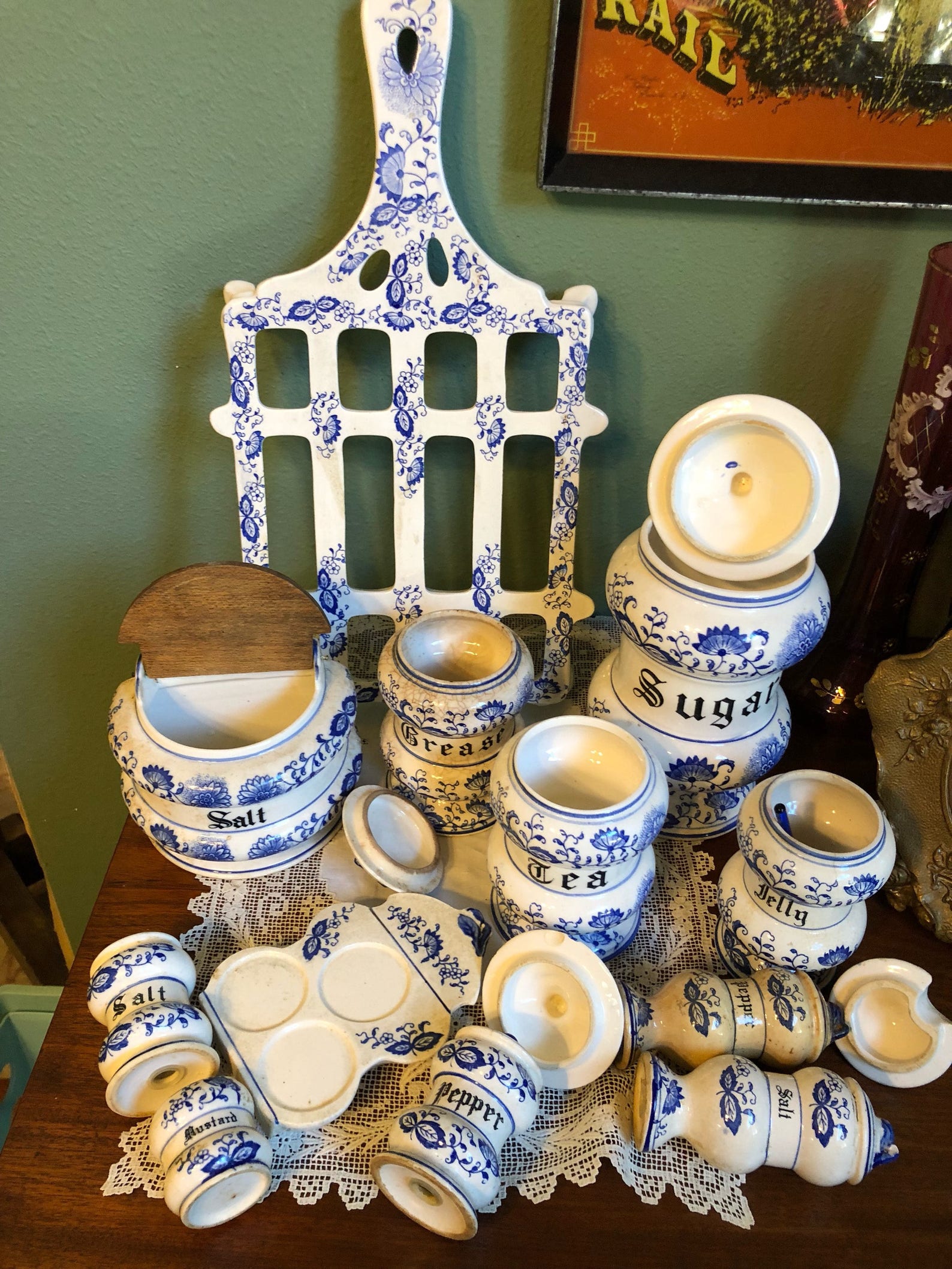Antique BLUE ONION CONDIMENT set salt box shakers grease jar Etsy