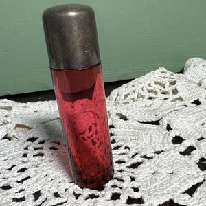 Silver Ruby Decanter perfume BOTTLE Ruby art glass purse pocket scent chatelaine