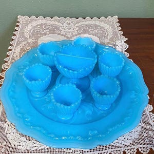 Antique Portieux Vallerysthal CODDLED EGG Set Tray egg cups PV opaline glass France French