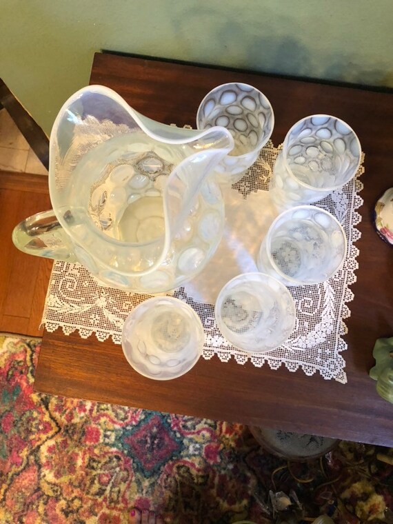 Vintage Fenton Opalescent Coin Spot Dot Pitcher and 5
