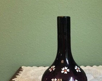 Antique  Glass Amethyst Black Purple Barber Bottle Bud Stick Hand painted enamel floral exquisite