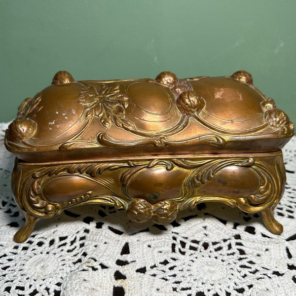 Antique Nouveau  Box DRESSER Jewel trinket Jewelry Casket Art Nouveau Flowers Victorian lined