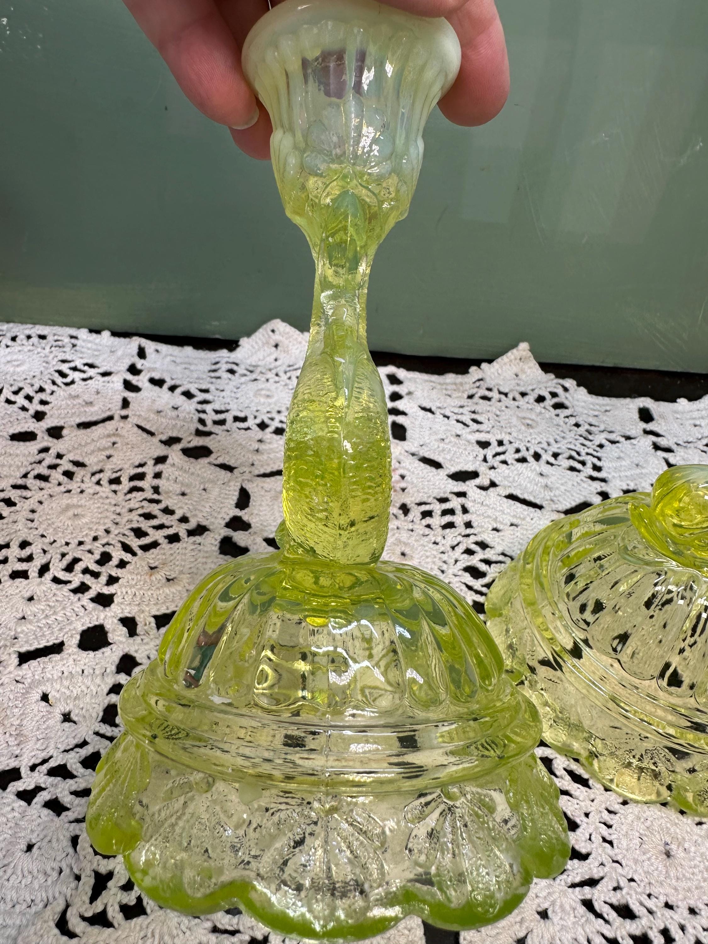 Antique Northwood Vaseline DOLPHIN CANDLESTICKS Opaline Glass Fish