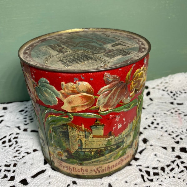 Antique TIN Box varnishes lacquers enamel German Metal embossed Litho embossed flowers floral