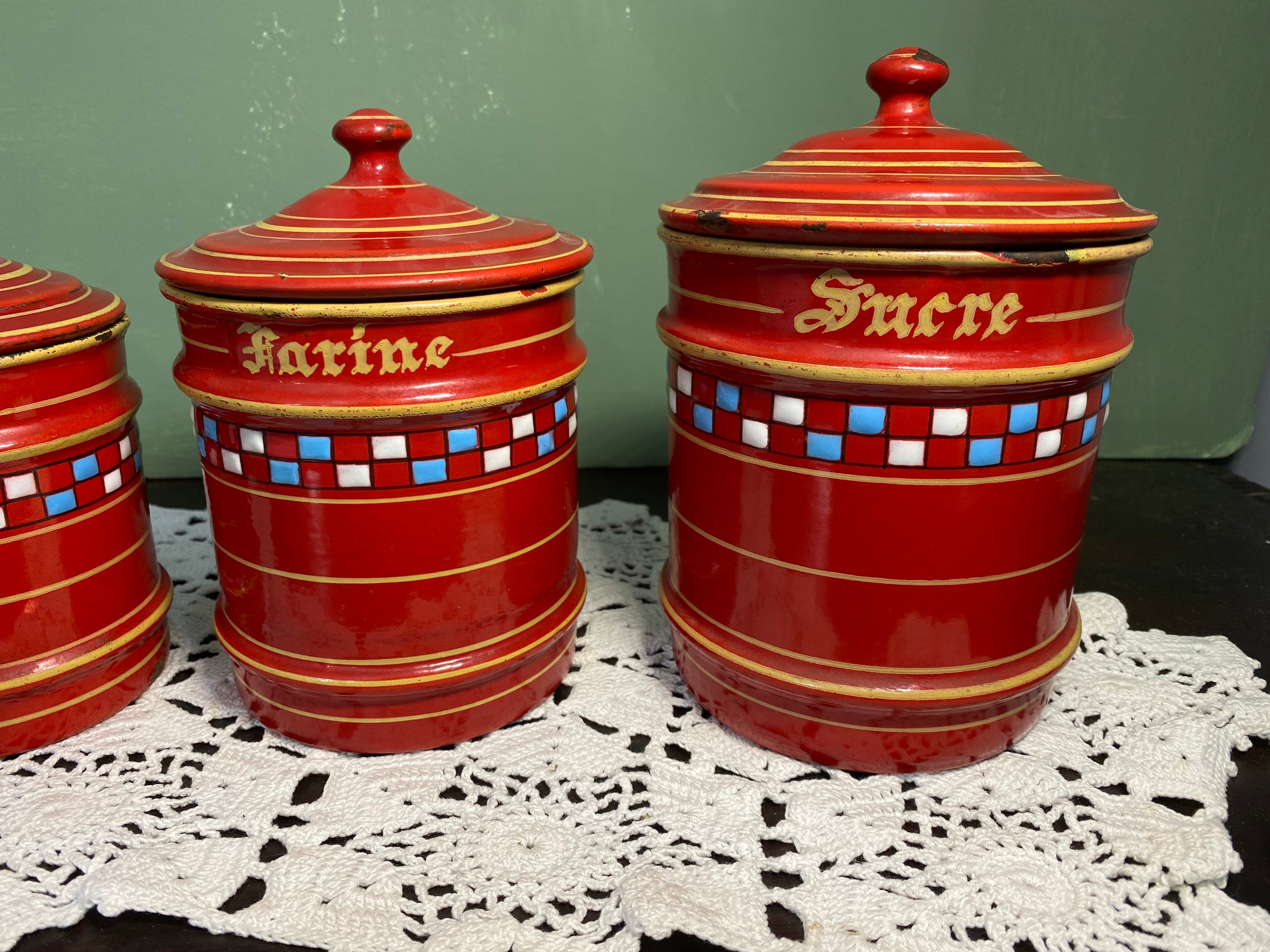 Antique French Enamel CANISTER set Red Blue white checker board