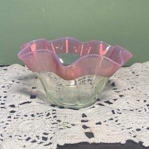 Antique Elegant BOWL Threaded Opalescent Opal Rubina cranberry  art glass rose bowl finger