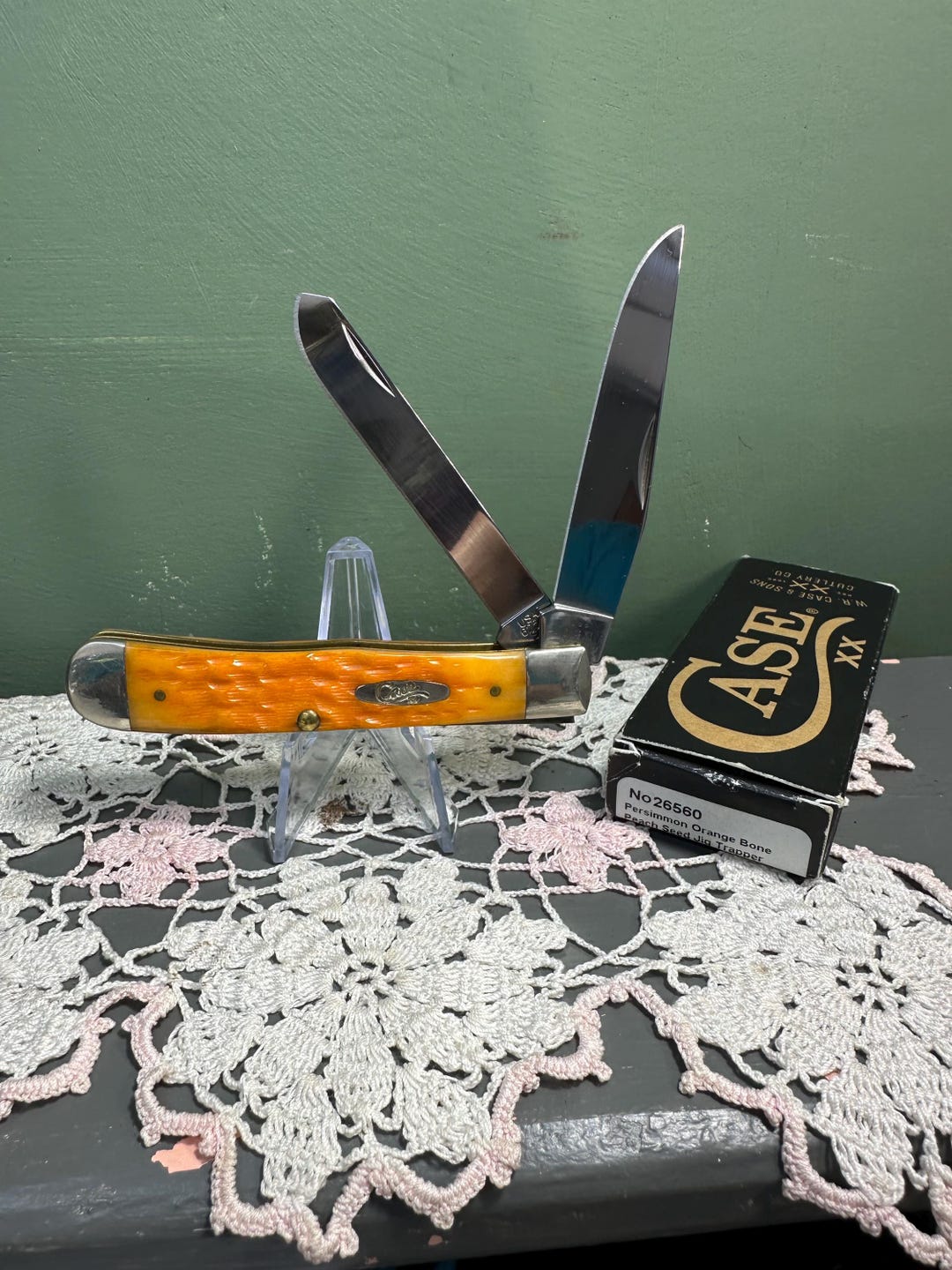 Vintage Case Xx Persimmon Orange Bone Peach Seed Jig TRAPPER Knife