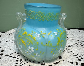 Victorian EAPG SPOONER ROSEBOWL Rigaree Celery  Glass enamel flowers blue yellow