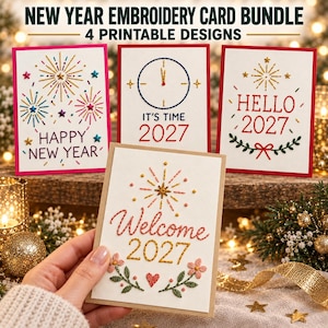 Op de afbeelding: Een nieuwjaars-borduurkaartenbundel met vier printbare ontwerpen. De kaarten tonen geborduurde motieven waaronder vuurwerk, een klok die op middernacht staat en de tekst 'HAPPY NEW YEAR', 'IT'S TIME 2027', 'HELLO 2027' en 'Welcome 2027'.