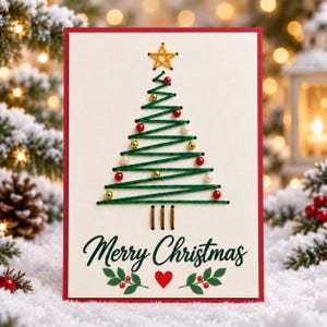 Könnte beinhalten: Eine cremefarbene Grußkarte mit rotem Rand zeigt einen Weihnachtsbaum aus grünem Faden, kleinen roten, goldenen und weißen Perlen sowie einem gelben Stern. Unter dem Baum befinden sich braune Fadenlinien, der Text Merry Christmas und ein rotes Herz.
