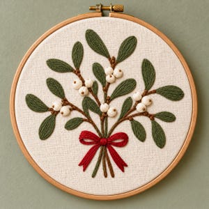 Op de afbeelding: Een ronde houten borduurring met een gebroken witte stof. De stof is voorzien van een handgeborduurd ontwerp van een maretak met donkergroene bladeren, kleine witte bessen en een felrode strik die aan de onderkant van de stelen is gebonden.