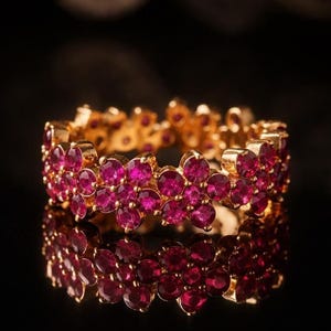 Flower Design Pink Ruby Eternity Band Ring, Sterling Silver Floral Anniversary Band