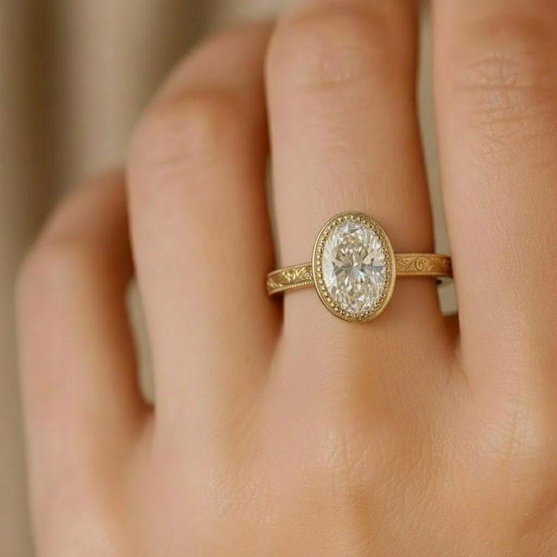 14k Solid Gold Oval Moissanite Engagement Ring • Vintage Bezel Set ...