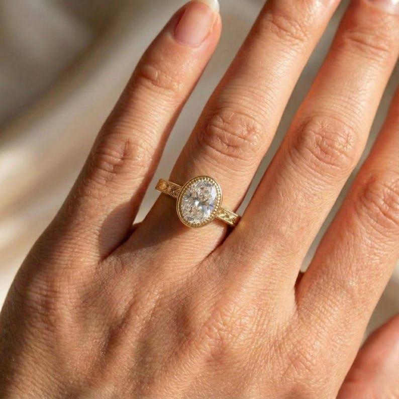 14k Solid Gold Oval Moissanite Engagement Ring • Vintage Bezel Set ...