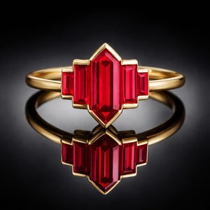 Könnte beinhalten: Ein goldener Ring mit geometrischem Design, mit einem zentralen roten Edelstein und kleineren roten Steinen auf beiden Seiten. Der Ring ist auf einer schwarzen, reflektierenden Oberfläche platziert, die seine polierte Oberfläche und die feinen Details hervorhebt.
