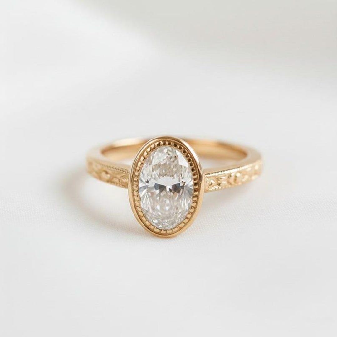 14k Solid Gold Oval Moissanite Engagement Ring • Vintage Bezel Set ...
