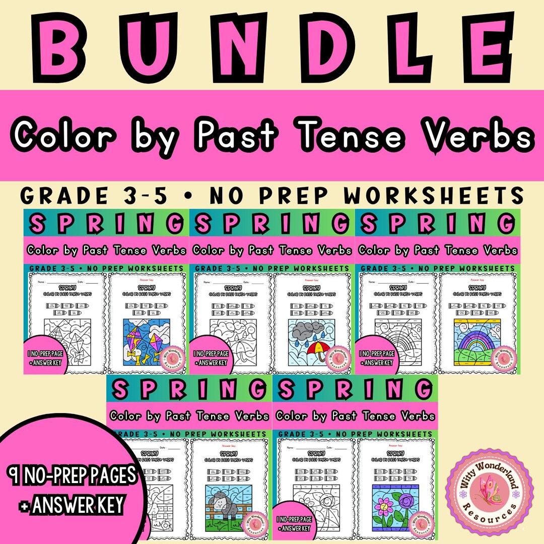 Spring Color by Past Tense Verbs Worksheets, Grades 3-5 Grammar ...
