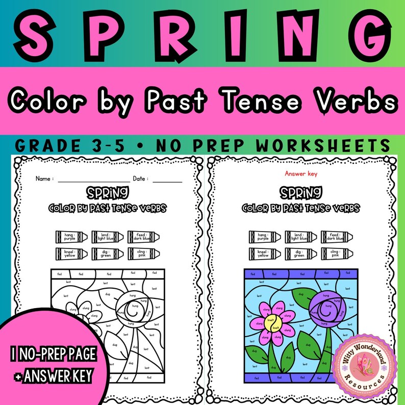 Spring Past Times Spring Color by Past Tense Verbs Worksheets, Grades 3-5 Grammar ...
