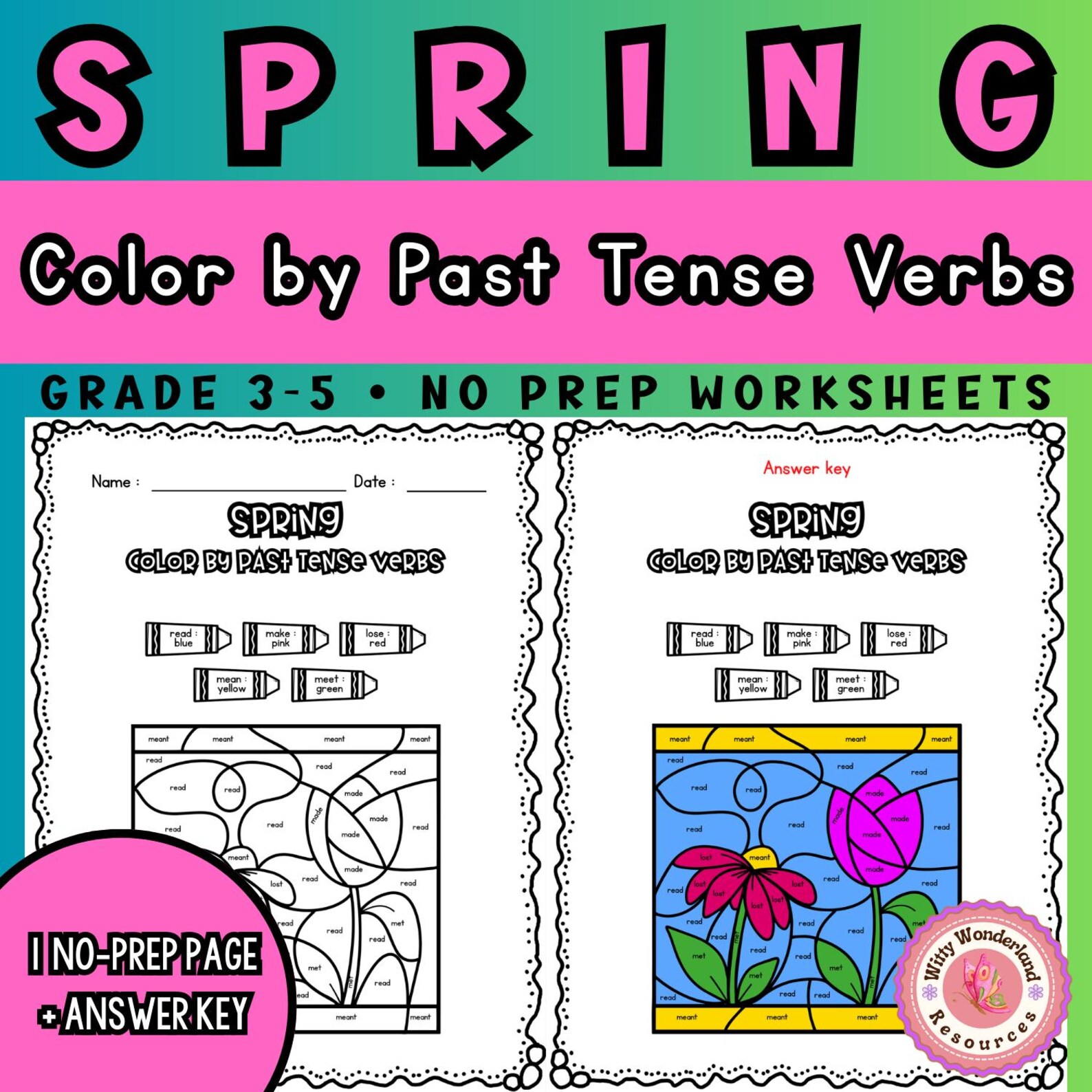 Tense Spring Spring Color by Past Tense Verbs Worksheets, Grades 3-5 Grammar ...