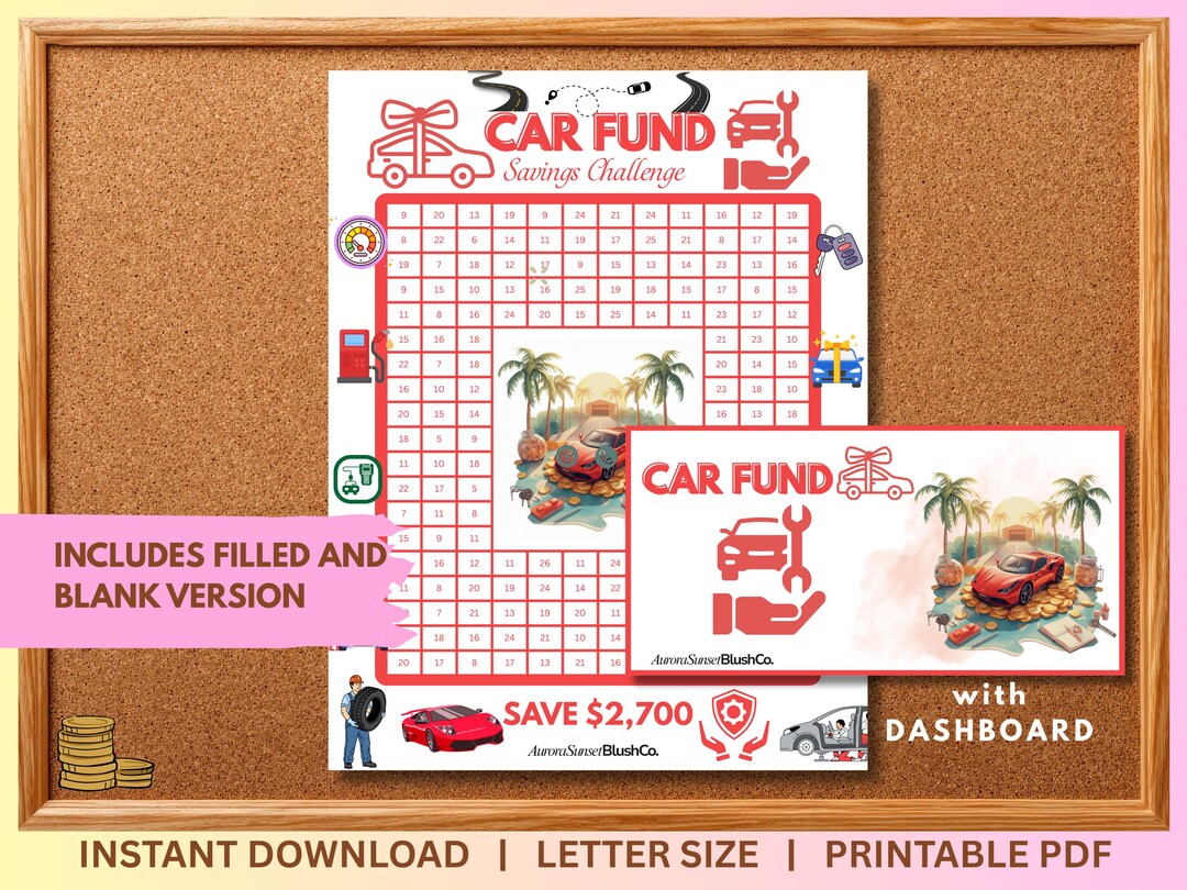 Car Fund Savings Challenge Save 2700 US Letter Savings Inserts Cash ...
