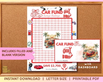 May include: A corkboard displays a printable "Car Fund Savings Challenge" with a grid for tracking savings. The design includes car illustrations, palm trees, and the text "Save $2,700." Additional inserts show car-related graphics and the words "Instant Download" and "Printable PDF."