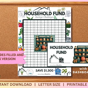 May include: A corkboard displays a printable "Household Fund" savings challenge. The design includes a grid for tracking savings, illustrations of household items, and the text "Save $1,500". Includes filled and blank versions.