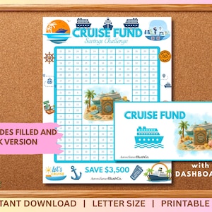 May include: A corkboard displays a printable "Cruise Fund" savings challenge. The design features a blue cruise ship, palm trees, and illustrations of money. Text includes "Save $3,500" and "Instant Download".