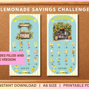 Puede incluir: Dos gráficos de desafío de ahorro de limonada en un corcho. Cada gráfico presenta una ilustración de un puesto de limonada y varias ilustraciones de bebidas de limonada con cantidades en euros. El texto "LEMONADE SAVINGS CHALLENGE" está en la parte superior.