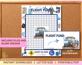 Könnte beinhalten: Eine Pinnwand zeigt einen druckbaren "Flight Fund" Spar-Challenge. Das Design umfasst Illustrationen von Gepäck, Flugzeugen und reisebezogenen Symbolen. Der Text enthält "Spare 3.000 €" und "Sofort-Download".