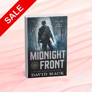 May include: A hardcover book titled "The Midnight Front" by David Mack, featuring a dark cover illustration of a soldier in a forest. The book has the text "Every War Has Secret Weapons" and a "Sale" banner.