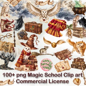 May include: A collection of digital illustrations featuring a barn owl, a brown suitcase, a red and gold striped scarf, a sorting hat, a golden snitch, a ginger cat, a rat, a cauldron, a monster book, and a cake with text reading HAPPEE BIRTHDAE HARRY.