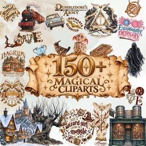 May include: A collection of fantasy-themed digital illustrations featuring a steam train, a light blue car, a house, a Dobby-like creature, a castle, a shop, and various magical symbols with the text 150+ MAGICAL CLIPARTS.