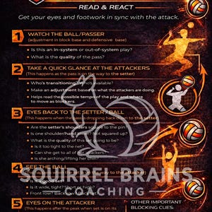 May include: A volleyball coaching guide titled "Blocking Eye Sequence" with orange and white text on a dark background. The guide outlines steps for blocking, including watching the ball, glancing at attackers, and focusing on the setter. The Squirrel Brains Coaching logo is visible.