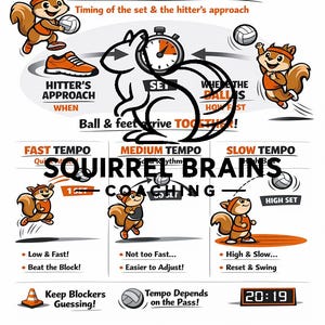 May include: Volleyball tempo infographic with cartoon squirrels illustrating different tempos. Text includes "What is TEMPO?" and "Squirrel Brains Coaching." The image also shows a timer and a volleyball.