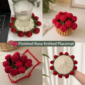 Sottobicchiere a forma di rosa all'uncinetto fatto a mano, sottobicchiere con bouquet di fiori e mini vaso, sottobicchiere decorativo per tavolino da caffè, regalo per l'inaugurazione della casa, decorazione per casa e ufficio.