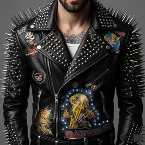 May include: Black leather jacket with silver studs and spikes. Features Iron Maiden patches and other decorative emblems. The jacket has a zipper closure and a belt at the waist. A bold and edgy fashion statement.