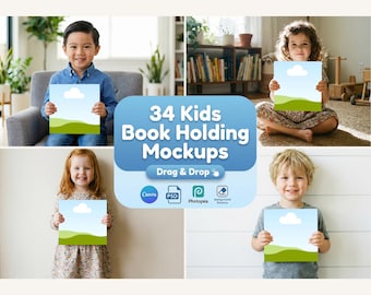 Pacchetto di mockup di libri per bambini: bambini che tengono in mano un libro quadrato, Canva e PSD (download digitale)