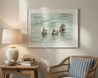 Three Pelicans Watercolor Print | Coastal Bird Wall Art | Beach House Decor