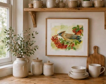 Cedar Waxwing Watercolor Print | Songbird Wall Art | Bird Watcher Gift | Nature Painting | "Berry Banquet"
