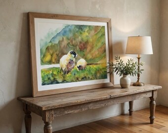Scottish Highland Sheep Watercolor Print | Pastoral Landscape Farmhouse Wall Art