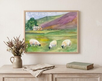 Sheep Watercolor Print | Pastoral Landscape Art | Cottagecore Farmhouse Decor | Countryside Wall Art | "Heather Hills"