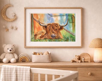 Highland Cow Watercolor Print | Farmhouse Animal Wall Art, Scottish Coo Painting